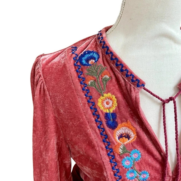 Floryday Blush Pink Velvet Embroidered Blouse Medium | Boho Tassel Tie Top - Picture 2 of 15